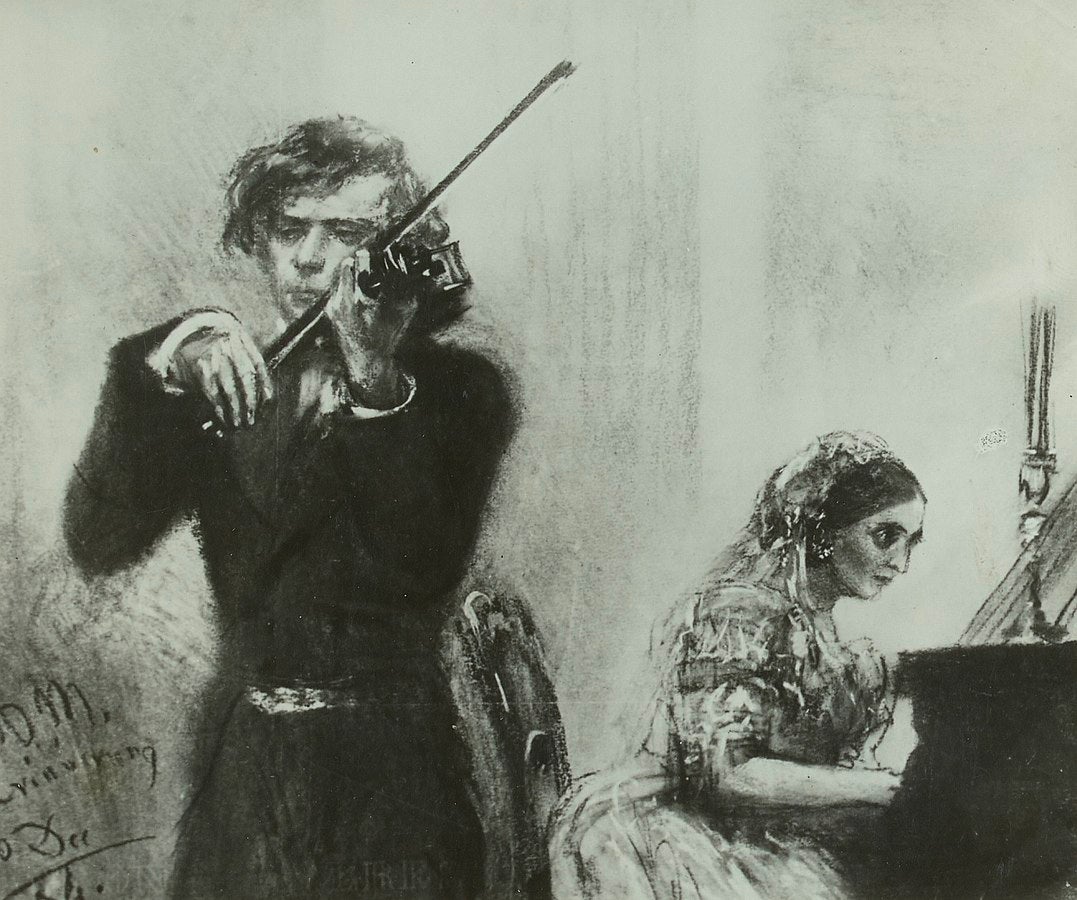 A drawing of violinist Joseph Joachim and Clara Schumann in concert