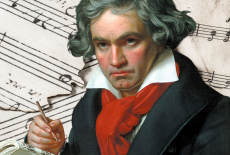A portrait of Beethoven on a field of sheet music.