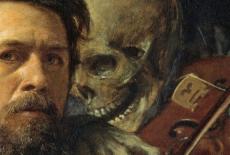 A close up image of a skeleton (death) playing a violin and whispering in Arnold Boecklin's ear. 