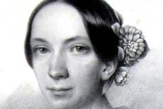 black and white drawing of Mayer, her hair is pulled back and adorned with a flower. 