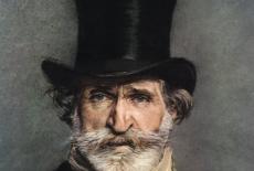 A portrait painting of Giuseppe Verdi, he has a white beard and mustache and is wearing a tophat.