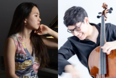a collage of two pictures featuring pianist Chaeyoung Park and cellist Zlatomir Fung