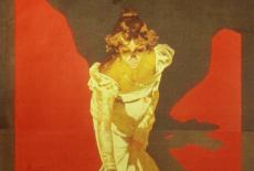 An image of the original premiere poster advertising Tosca. She is in a white dress with red background.