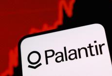 Illustration shows Palantir logo and rising stock graph