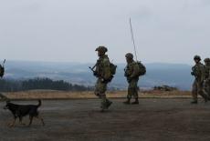 U.S. Army soldiers from the 82nd Airborne Division walk towards an airbase, near Arlamow