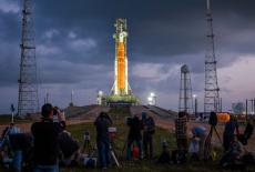 NASA's Artemis II mission, Space Launch System (SLS) rocket with the Orion crew capsule, at the Kennedy Space Center in Ca...