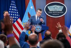 U.S. Defense Secretary Pete Hegseth and Chairman of the Joint Chiefs of Staff Caine hold a briefing on the Iran war, at th...