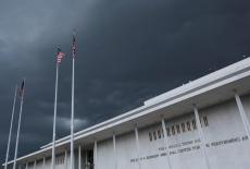 Dark storm clouds gather over the Kennedy Center in the hours before a federal judge's deadline to remove U.S. President D...
