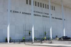 Lettering referencing U.S. President Donald Trump is removed from the facade of the John F. Kennedy Center for the Perform...