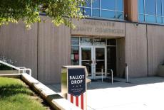 Sweetwater Wyoming County courthouse entrance showing drop off ballot box
