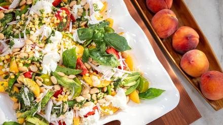 Fresh Peach and Summer Vegetable Salad with Basil-Lemonade Dressing | Kitchen Recipe: asset-mezzanine-16x9