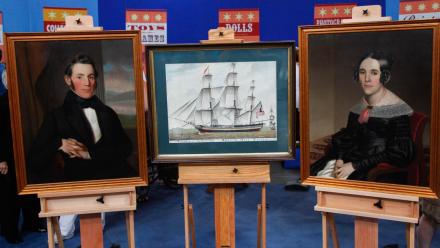 Appraisal: Folk Art Ship Watercolor & Companion Portraits: asset-mezzanine-16x9