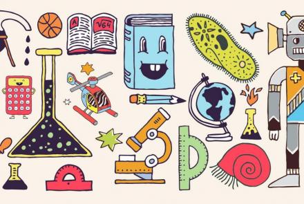 A variety of fun education-themed icons including a robot, a microscope, and a protractor.