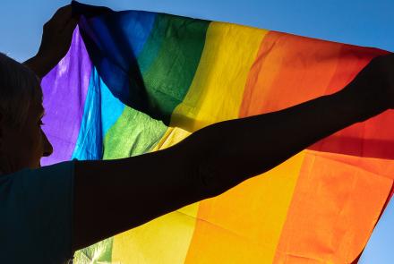 silhouette of a person holding a pride flag