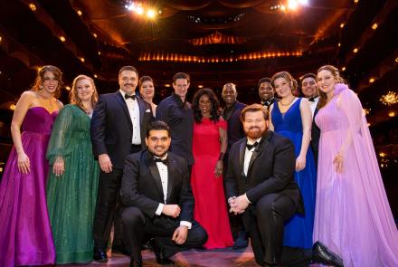 Back row L to R: Lydia Grindatto, Meridian Prall, Eric Taylor, Emily Richter, Mo. Evan Rogister, Denyce Graves, Ryan Speedo Green, Demetrious Sampson, Ruby Dibble, Daniel Espinal, Tessa McQueen, Front L to R: Navasard Hakobyan, Nathan Bowles Photo: Natalie Powers / Met Opera