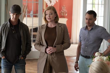 Actors Jeremy Strong (from left), Sarah Snook and Kieran Culkin are pictured in an episode of <em>Succession</em>, which ends on Sunday.