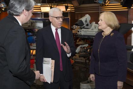 David M. Rubenstein (center) visits the WETA television studio with WETA President and CEO Sharon Rockefeller and COO Rick Schneider. 