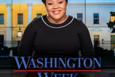 Yamiche Alcindor on the Washington Week set with the logo below