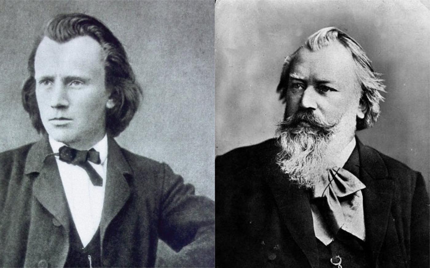 Side by side photos of Johannes Brahms with and without his famous beard.