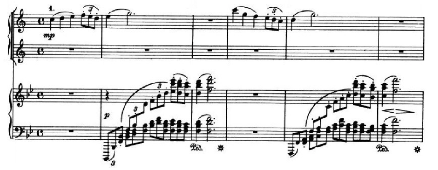 Call and answer between horn and piano in the opening of the concerto