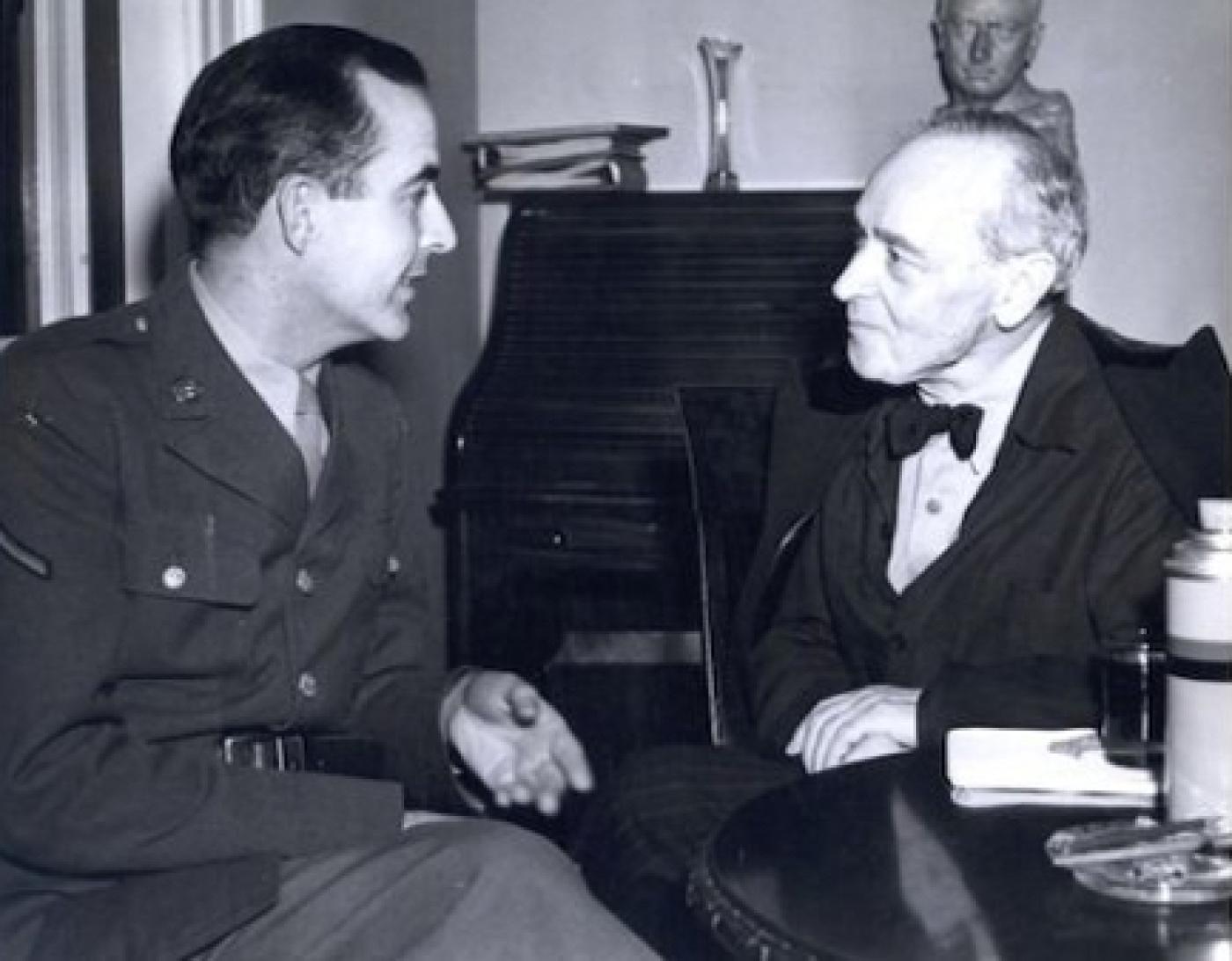 Army Air Forces Cpl. Samuel Barber meets with Boston Symphony conductor Serge Koussevitzky in 1944