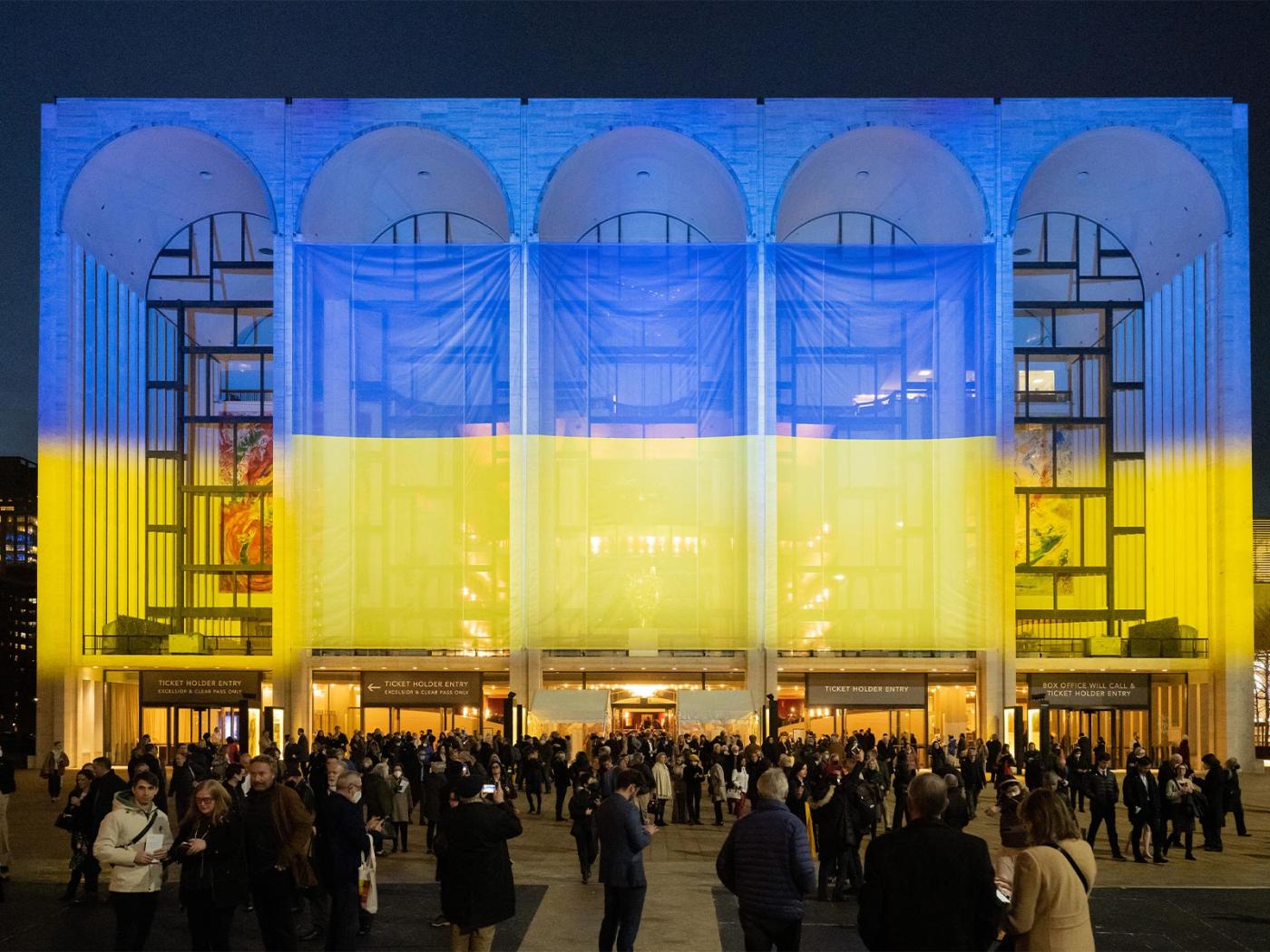 Met Oprea with Ukraine flag on facade.