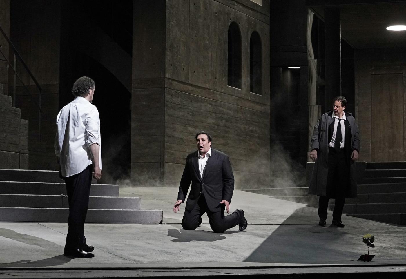 Alexander Tsymbalyuk (back to camera) as the Commendatore, Adam Plachetka as Leporello, and Peter Mattei in the title role of Mozart's "Don Giovanni." Photo: Karen Almond / Met Opera
