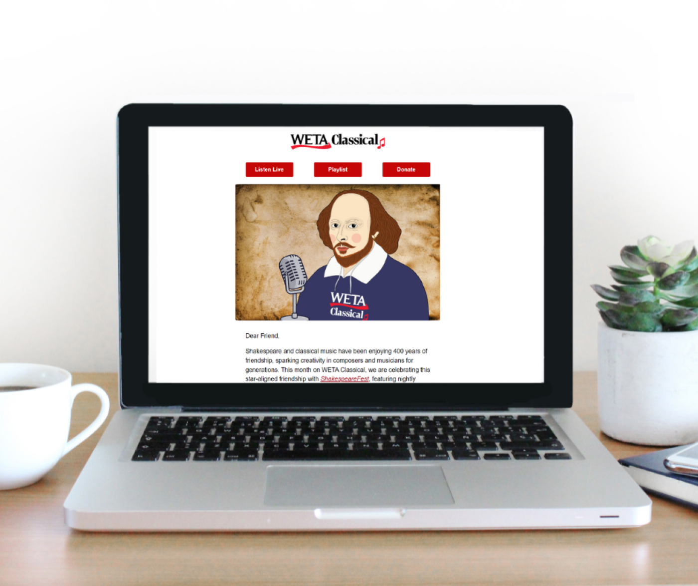 A computer screen displaying a sample WETA Classical newsletter, featuring an image of William Shakespeare wearing a WETA Classical doublet.