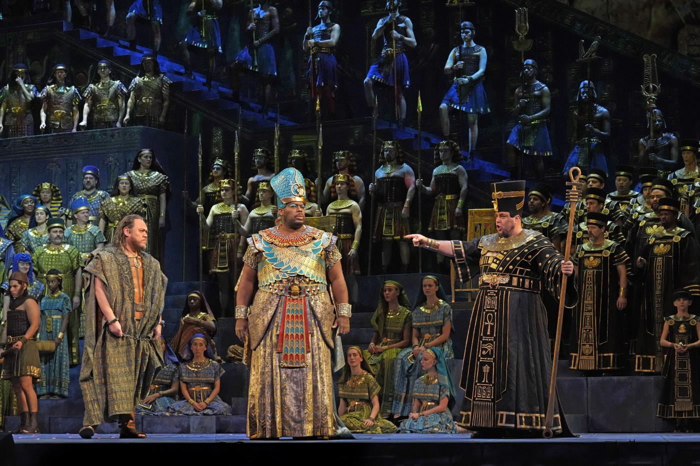 Quinn Kelsey as Amonasro, Morris Robinson as the King, and Dmitry Belosselskiy as Ramfis in Verdi's "Aida." Photo: Ken Howard / Met Opera