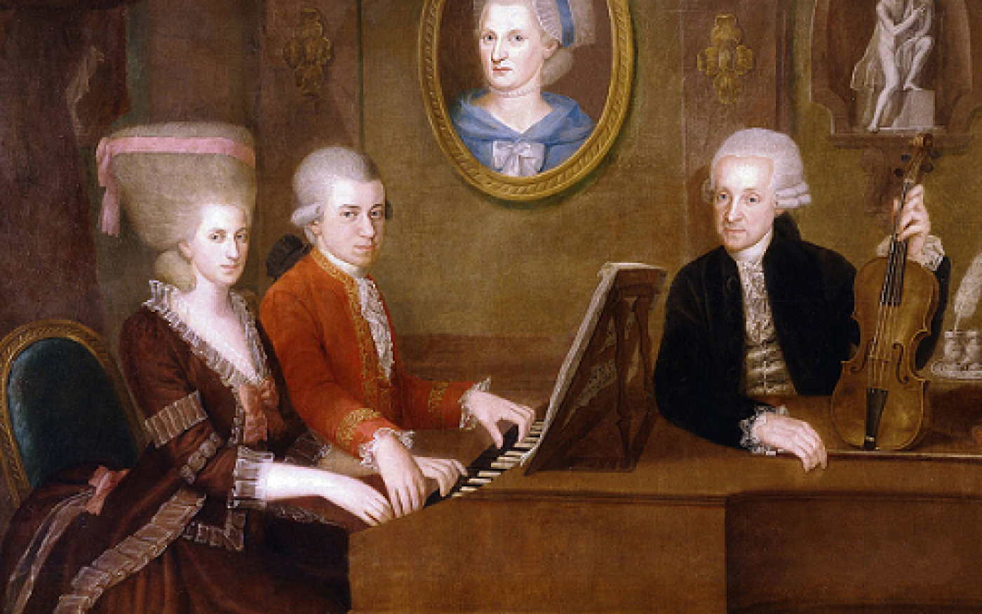 The Mozart family: Wolfgang Amadeus Mozart (seated at piano) with his sister Maria Anna (left) and his parents, Leopold and Anna Maria