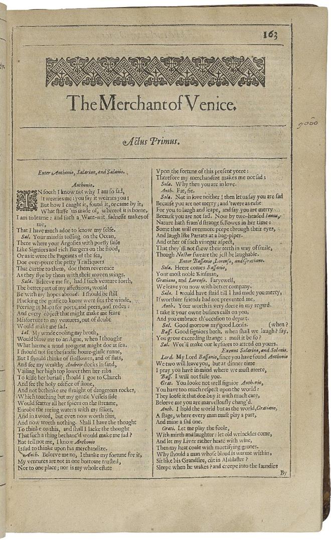 The title page of The Merchant of Venice, printed in the Second Folio of 1632