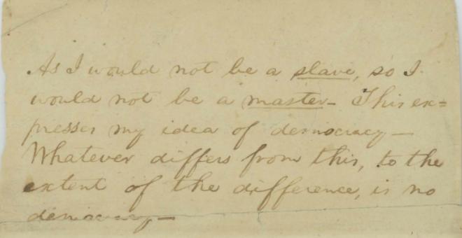 Lincoln's handwritten notecard of his definition of democracy