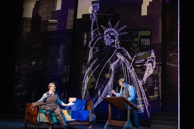 Miles Mykkanen as Sam Clay and Andrzej Filończyk as Joe Kavalier in a scene from Mason Bates's "The Amazing Adventures of Kavalier & Clay." Photo: Evan Zimmerman / Met Opera