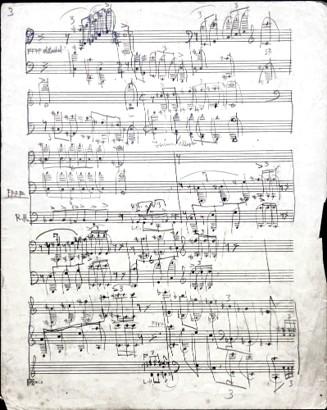 The original manuscript to Dynamic Motion (1916), showing Cowell's early methods for notating large piano clusters